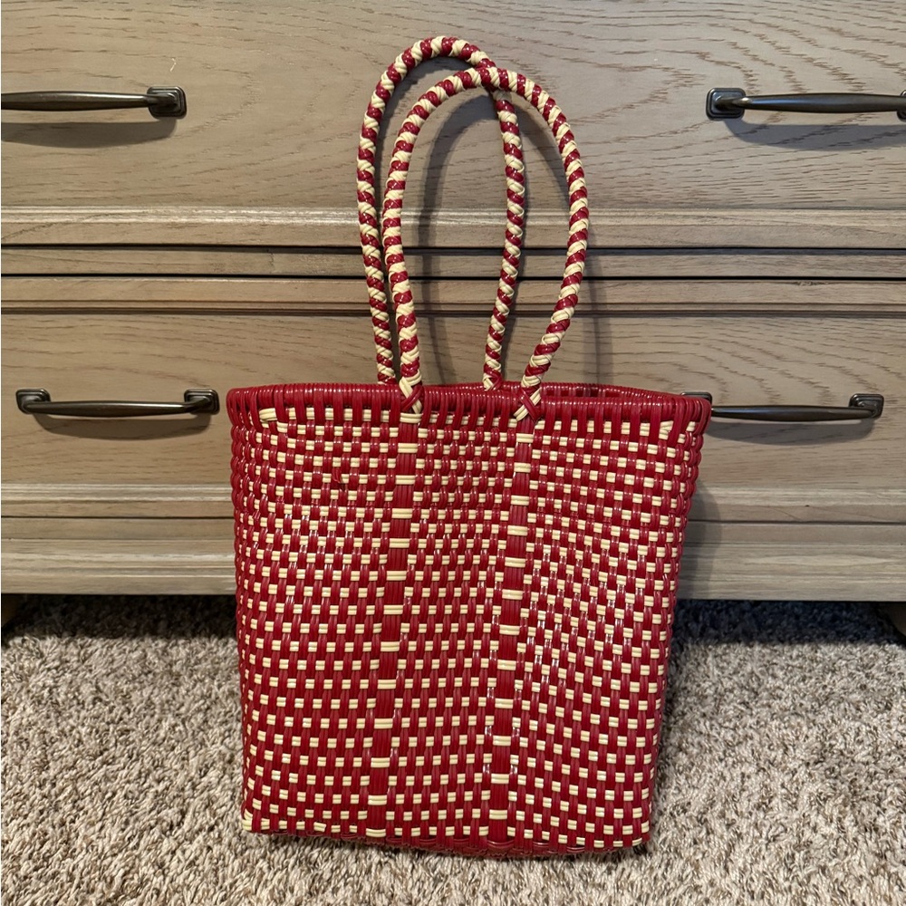 Red and Cream Woven Tote Bag